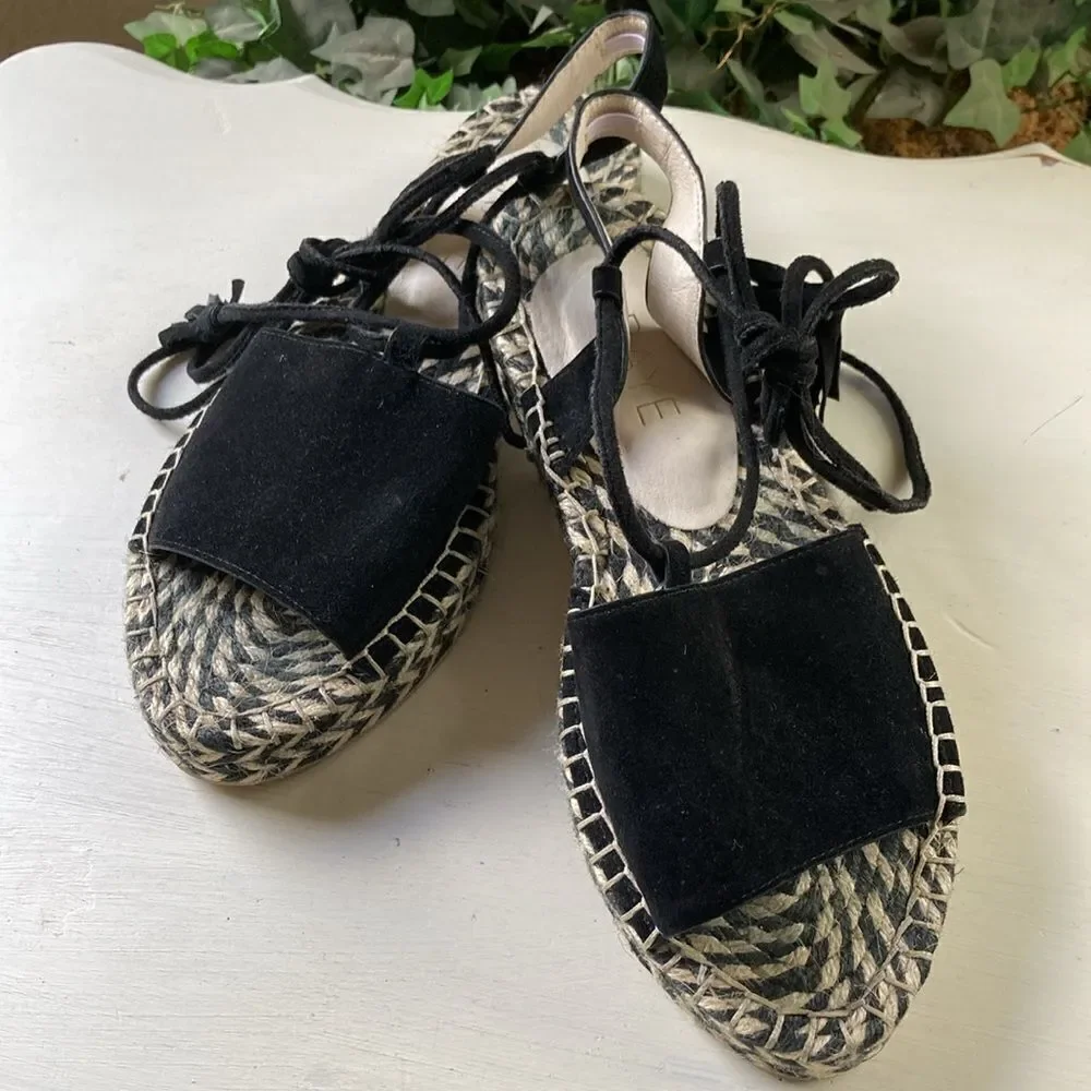 Revole Raye Espadrilles Black Leather Suede Lace up Tassel Detail Size 8.5